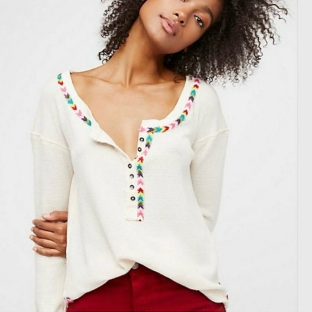 We The Free Cream Henley Top with Multicolor Embroidered Trim